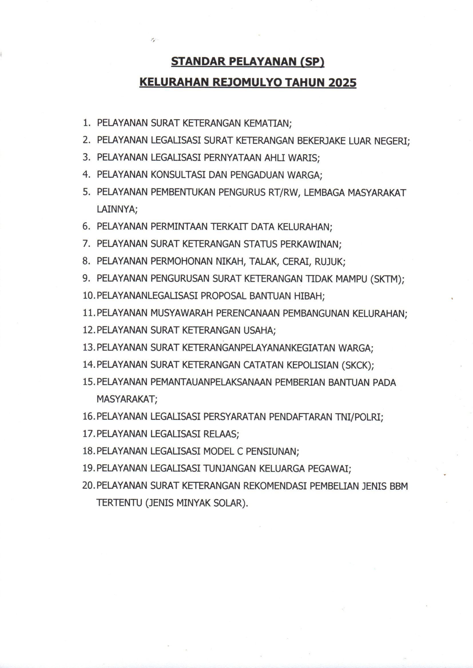 JENIS PELAYANAN KELURAHAN REJOMULYO KECAMATAN KARTOHARJO KOTA MADIUN